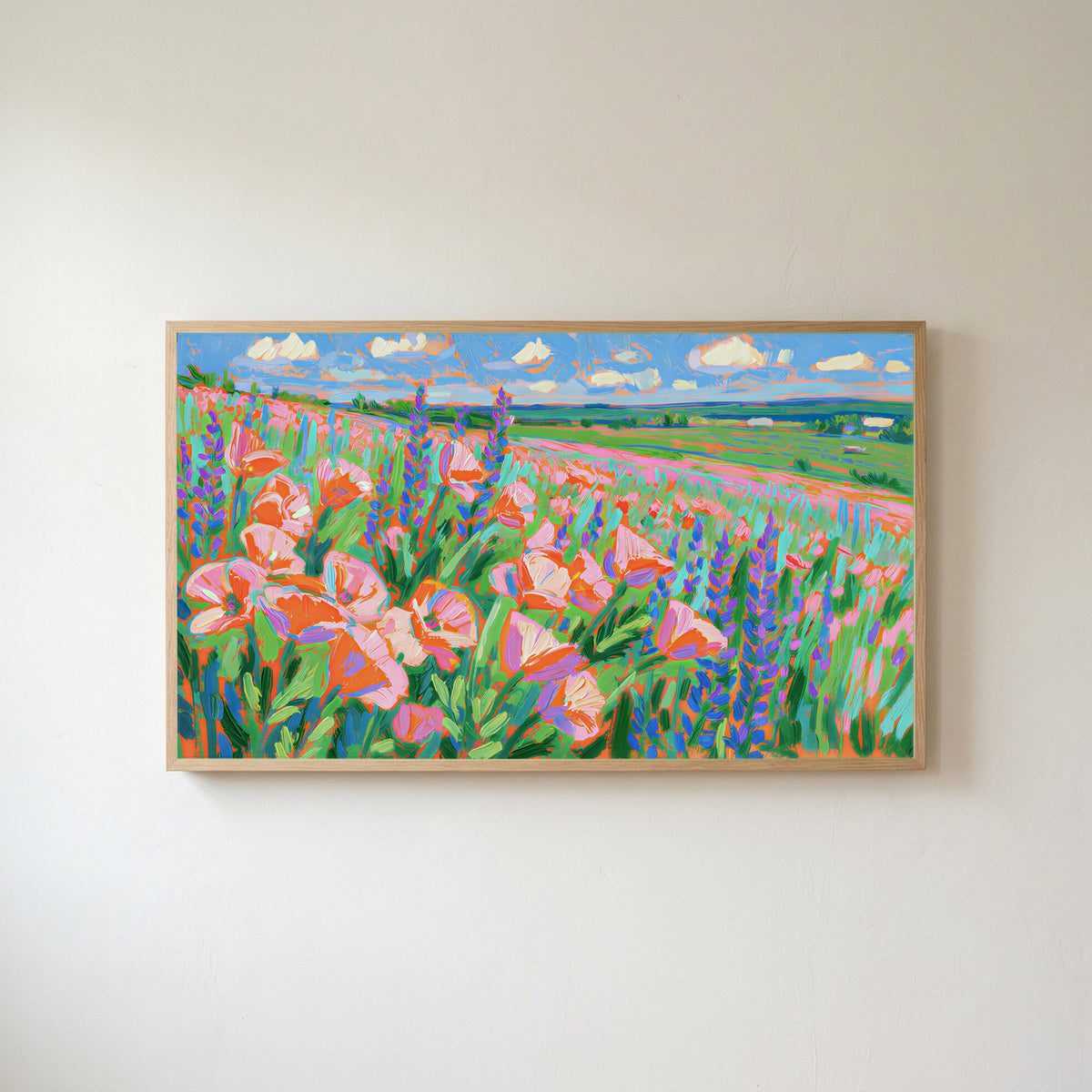 Poppy field Frame TV art in an oak frame on a warm white wall