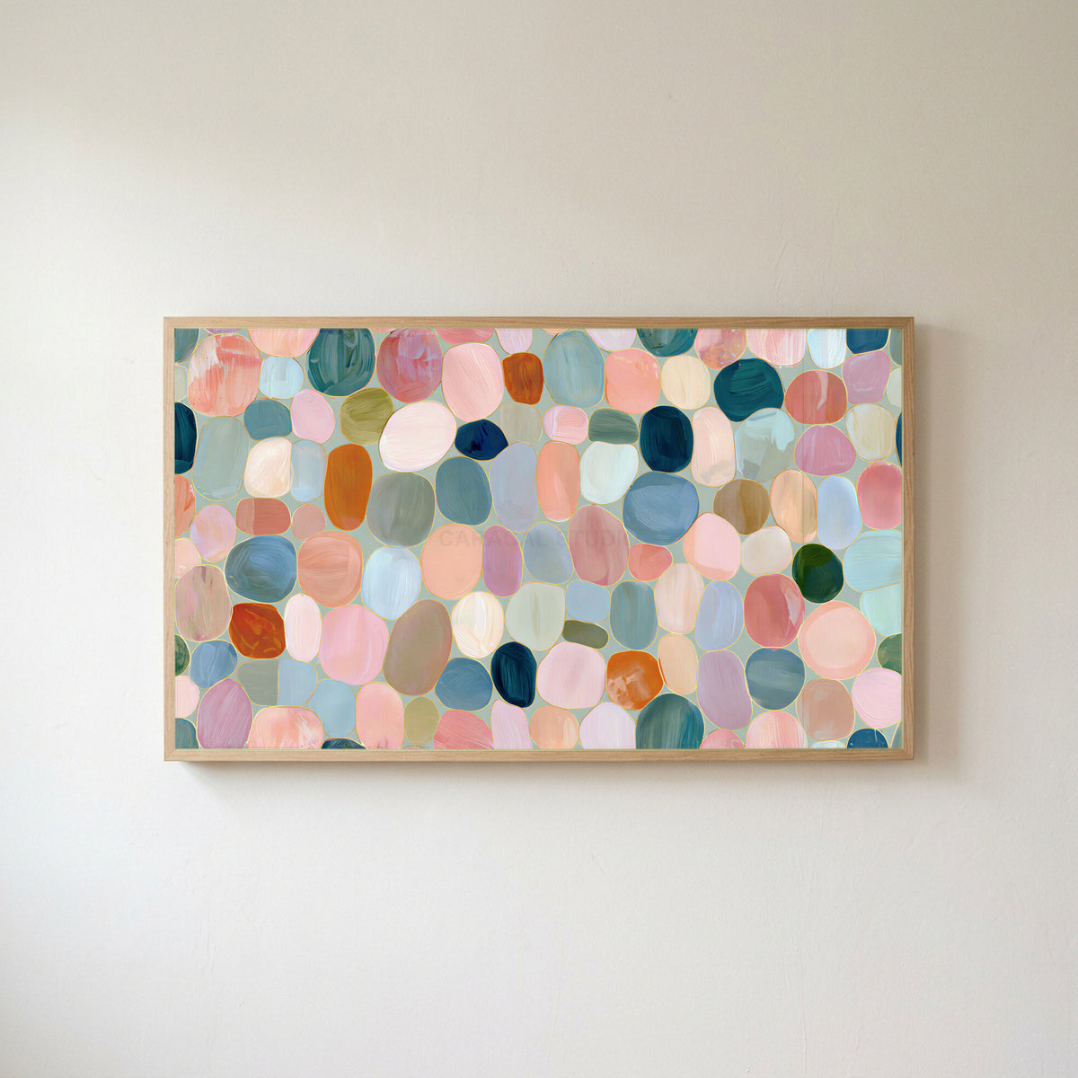 Pastel pebble mosaic Frame TV art in an oak frame on a warm white wall