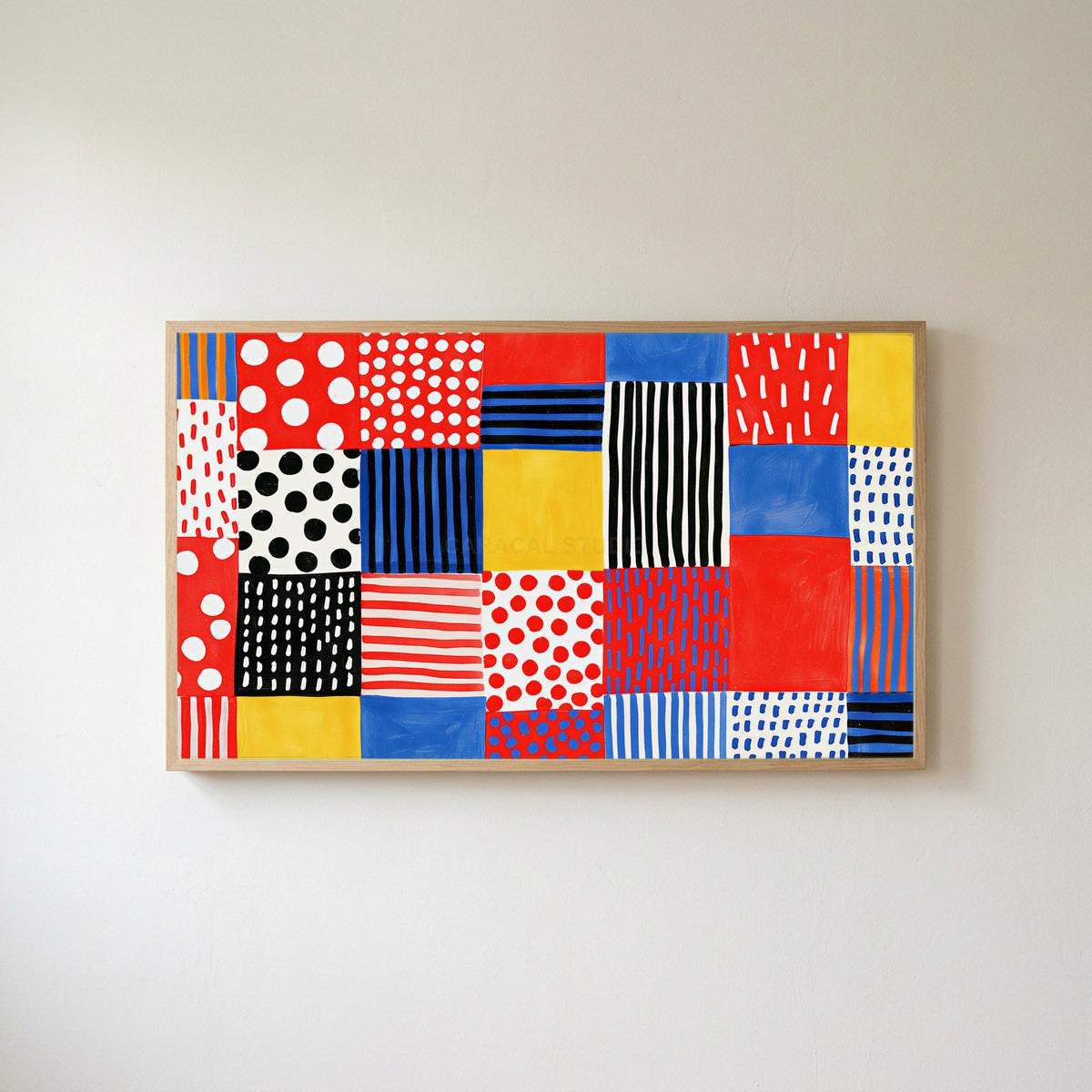 Polka dot patchwork Frame TV art in an oak frame on a warm white wall