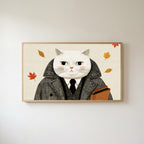 Gentleman cat Frame TV art in an oak frame on a warm white wall