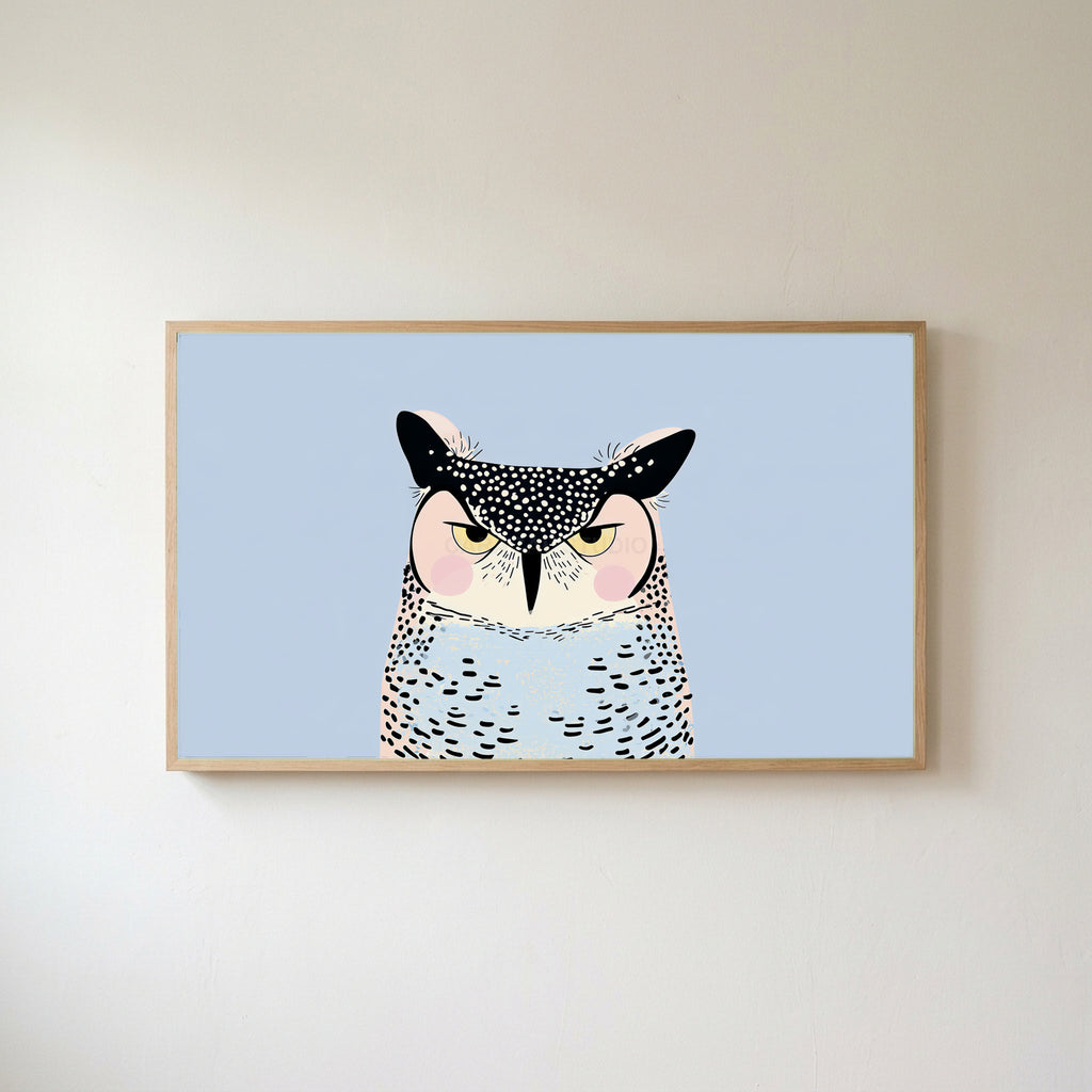 Grumpy owl Frame TV art in an oak frame on a warm white wall