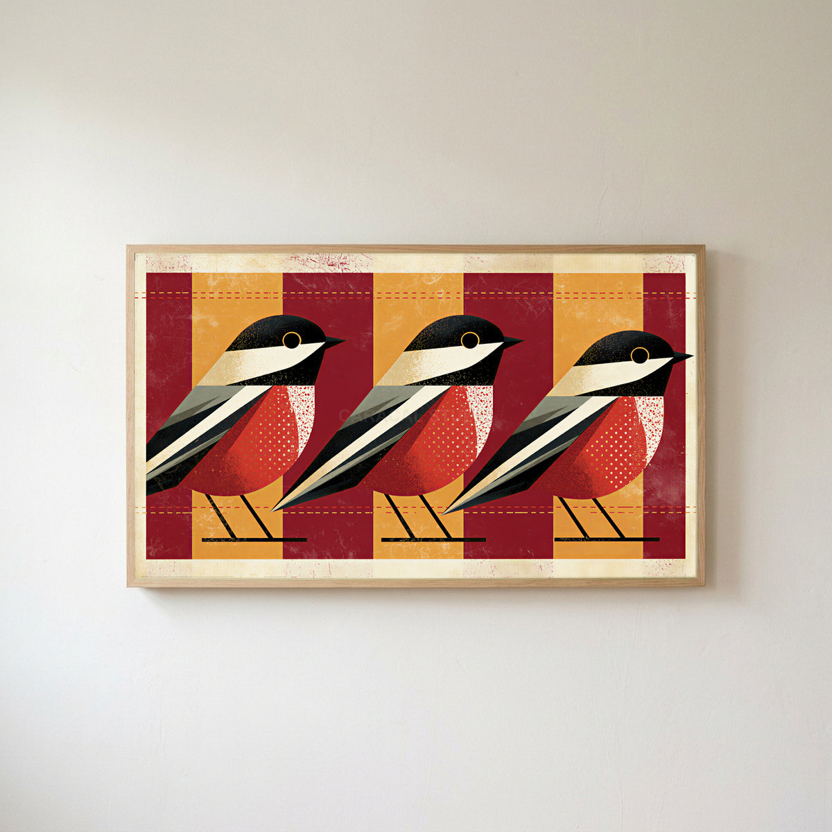 Geometric birds Frame TV art in an oak frame on a warm white wall