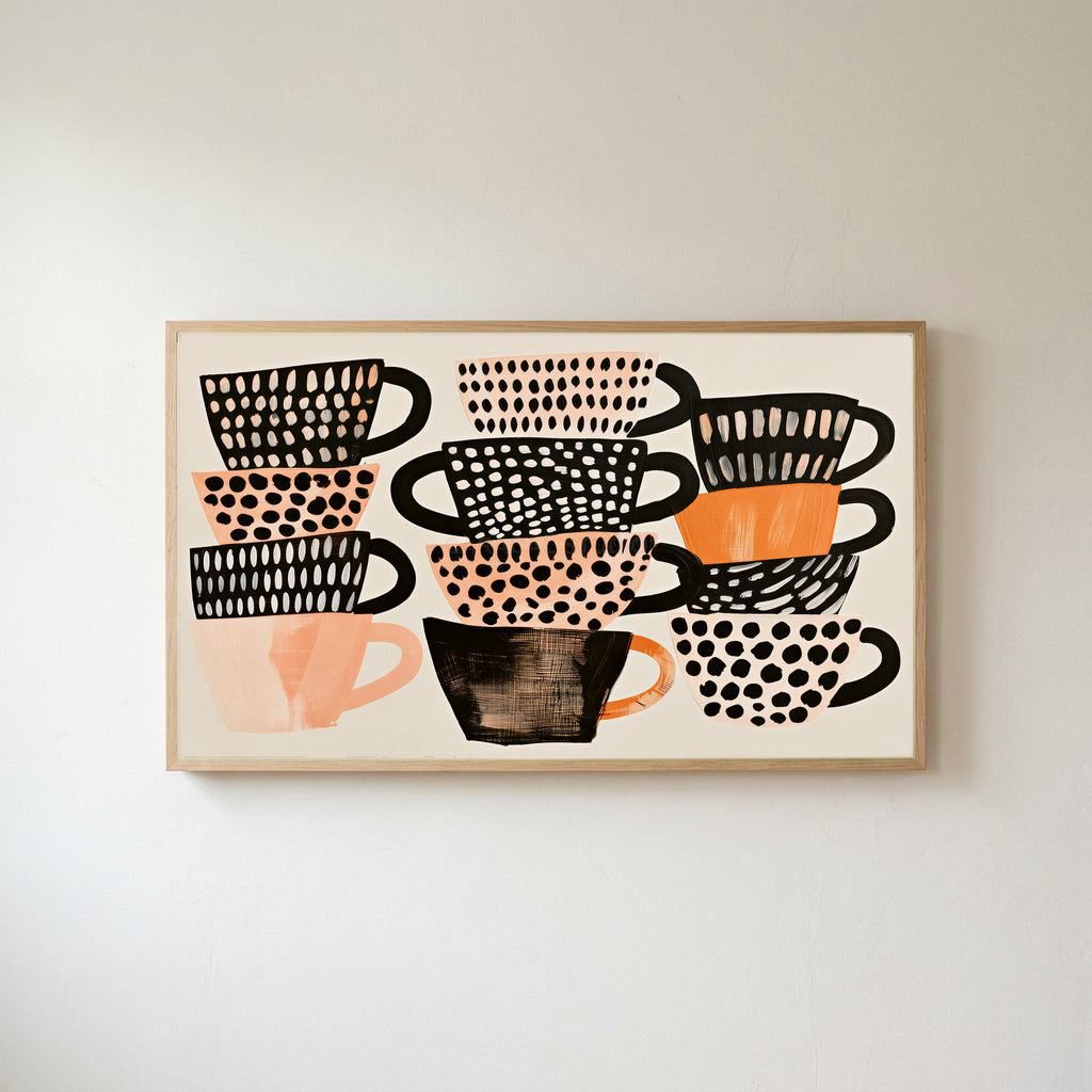 Stacked teacups Frame TV art in an oak frame on a warm white wall