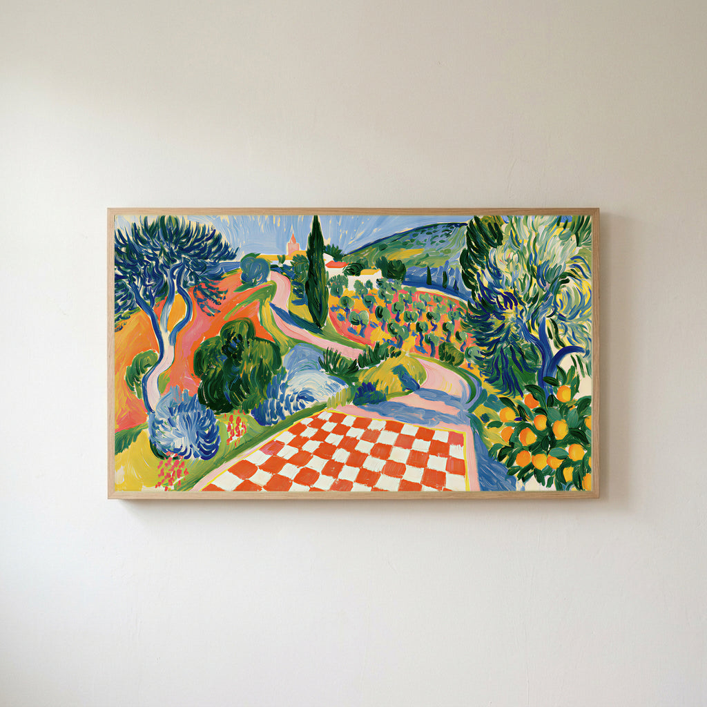 Italian countryside Frame TV art in an oak frame on a warm white wall