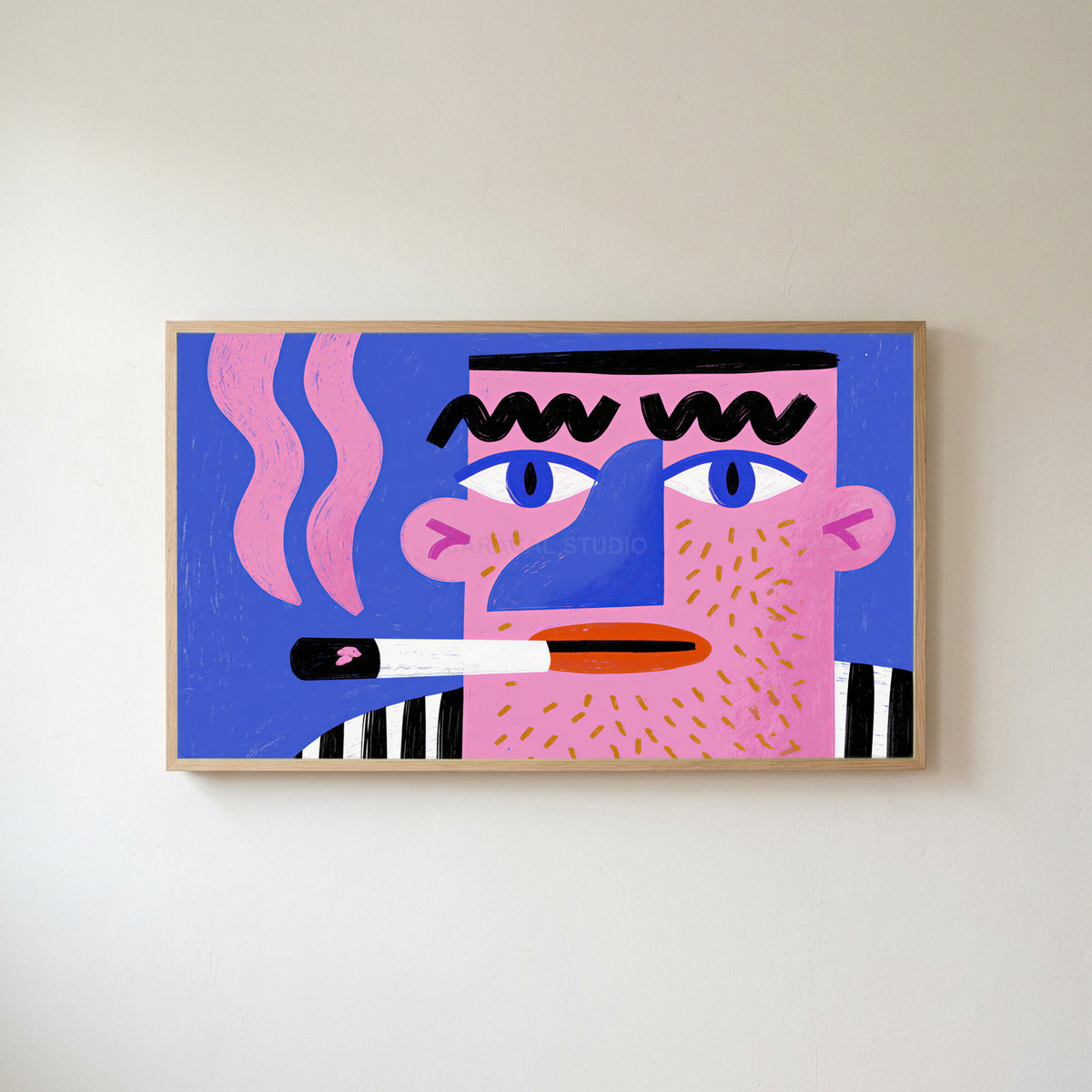 Pop art face Frame TV art in an oak frame on a warm white wall