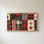 Plaid patchwork quilt Frame TV art in an oak frame on a warm white wall