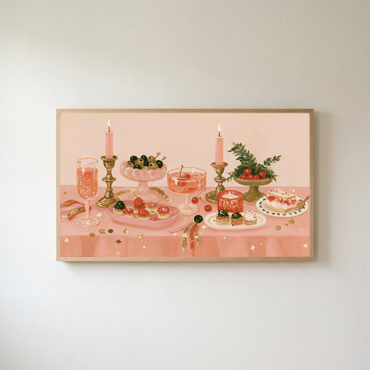 Party table still life Frame TV art in an oak frame on a warm white wall