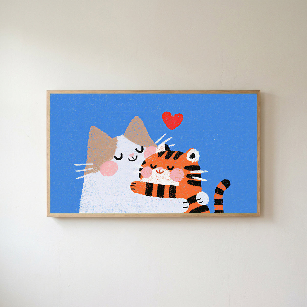 Two cats with a heart Frame TV art in an oak frame on a warm white wall