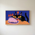 Birthday cat Frame TV art in an oak frame on a warm white wall