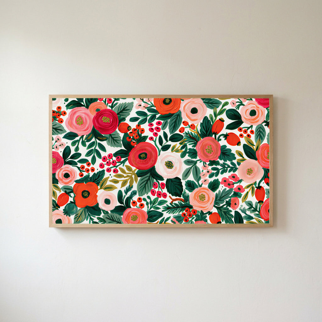 Painted roses and berries Frame TV art in an oak frame on a warm white wall