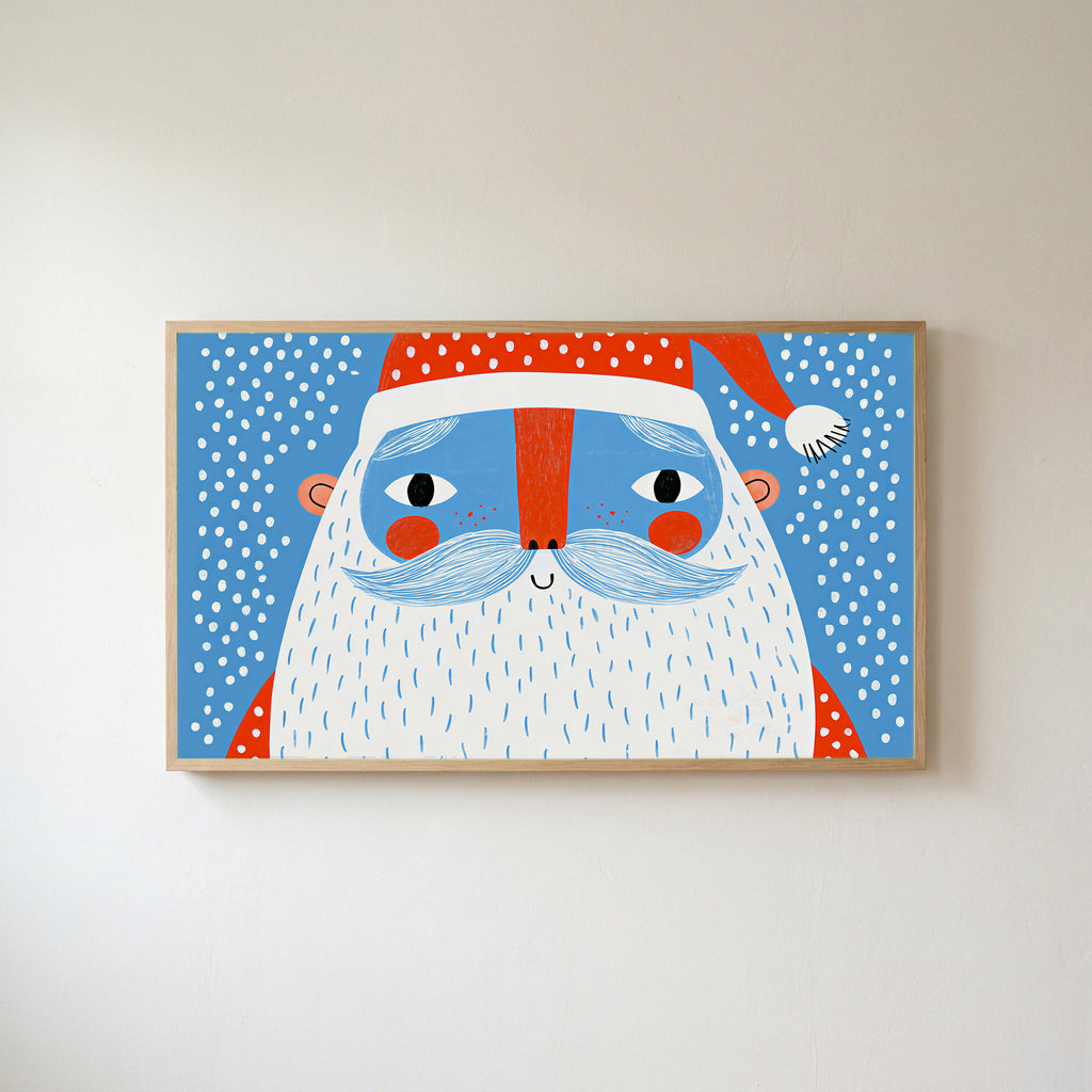 Santa face Frame TV art in an oak frame on a warm white wall