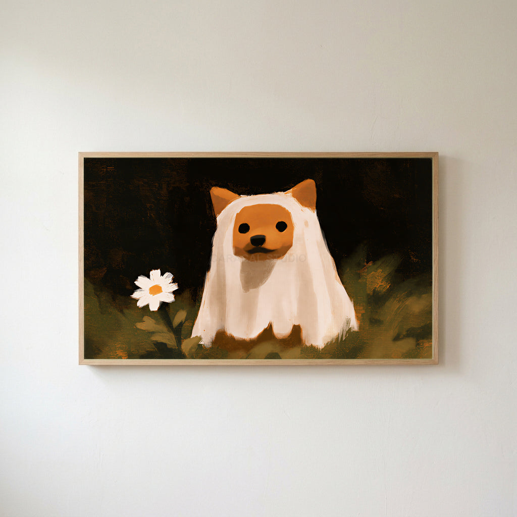 Shiba inu ghost Frame TV art in an oak frame on a warm white wall