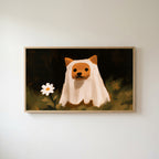 Shiba inu ghost Frame TV art in an oak frame on a warm white wall