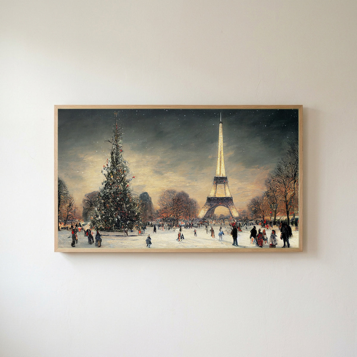 Paris in snow Frame TV art in an oak frame on a warm white wall
