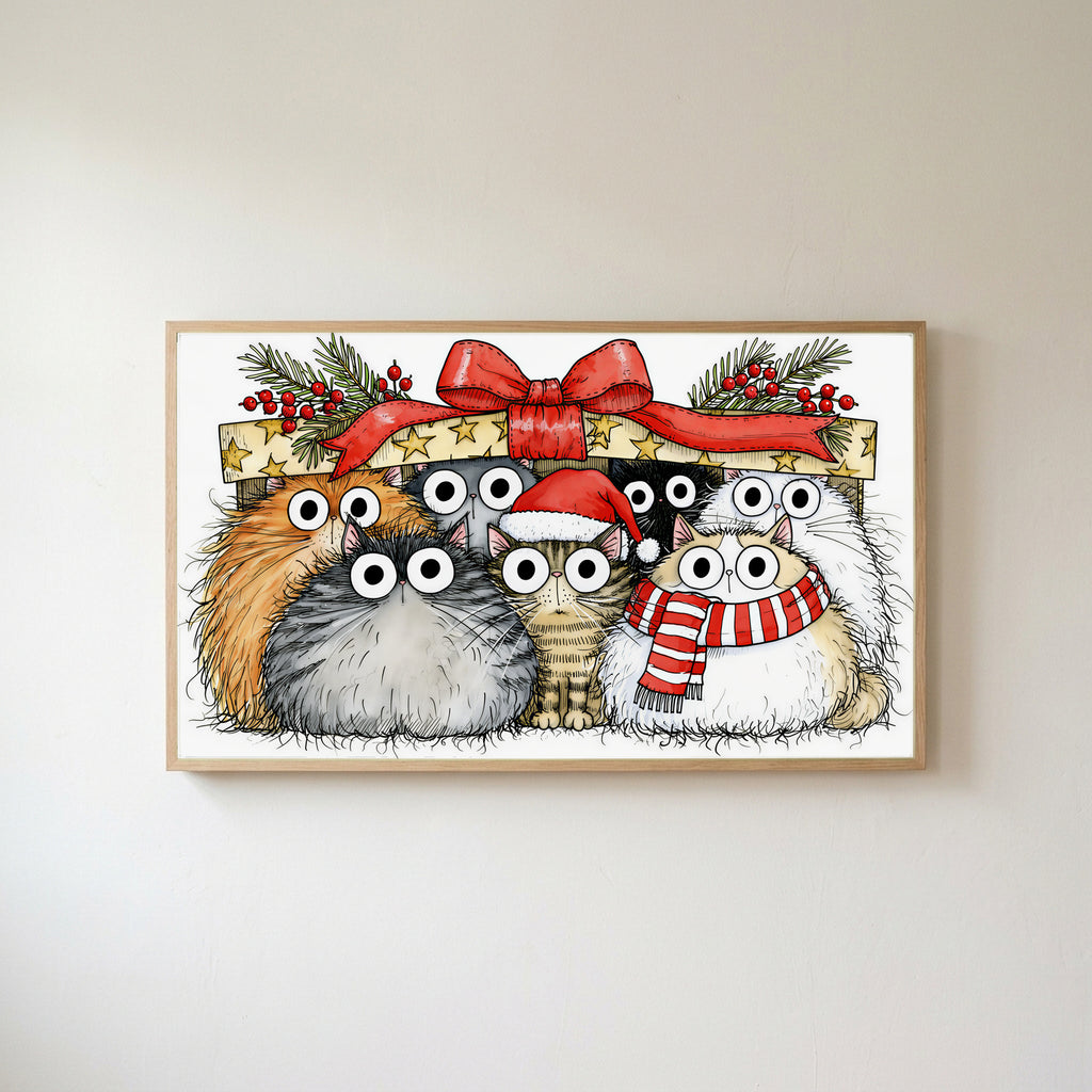 Cats under a gift box Frame TV art in an oak frame on a warm white wall
