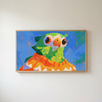 Parrot in a sweater Frame TV art in an oak frame on a warm white wall