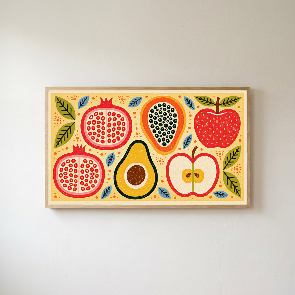 Colorful fruit halves Frame TV art in an oak frame on a warm white wall