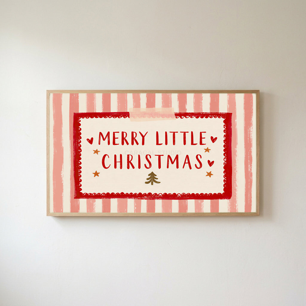 Merry Little Christmas Frame TV art in an oak frame on a warm white wall