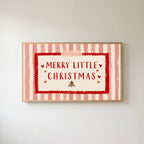 Merry Little Christmas Frame TV art in an oak frame on a warm white wall