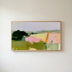 Abstract countryside Frame TV art in an oak frame on a warm white wall