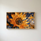Swirling golden sunflower Frame TV art in an oak frame on a warm white wall