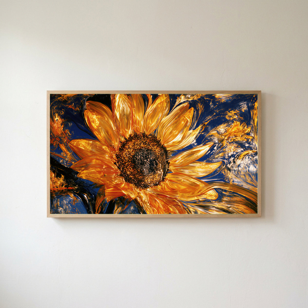 Swirling golden sunflower Frame TV art in an oak frame on a warm white wall
