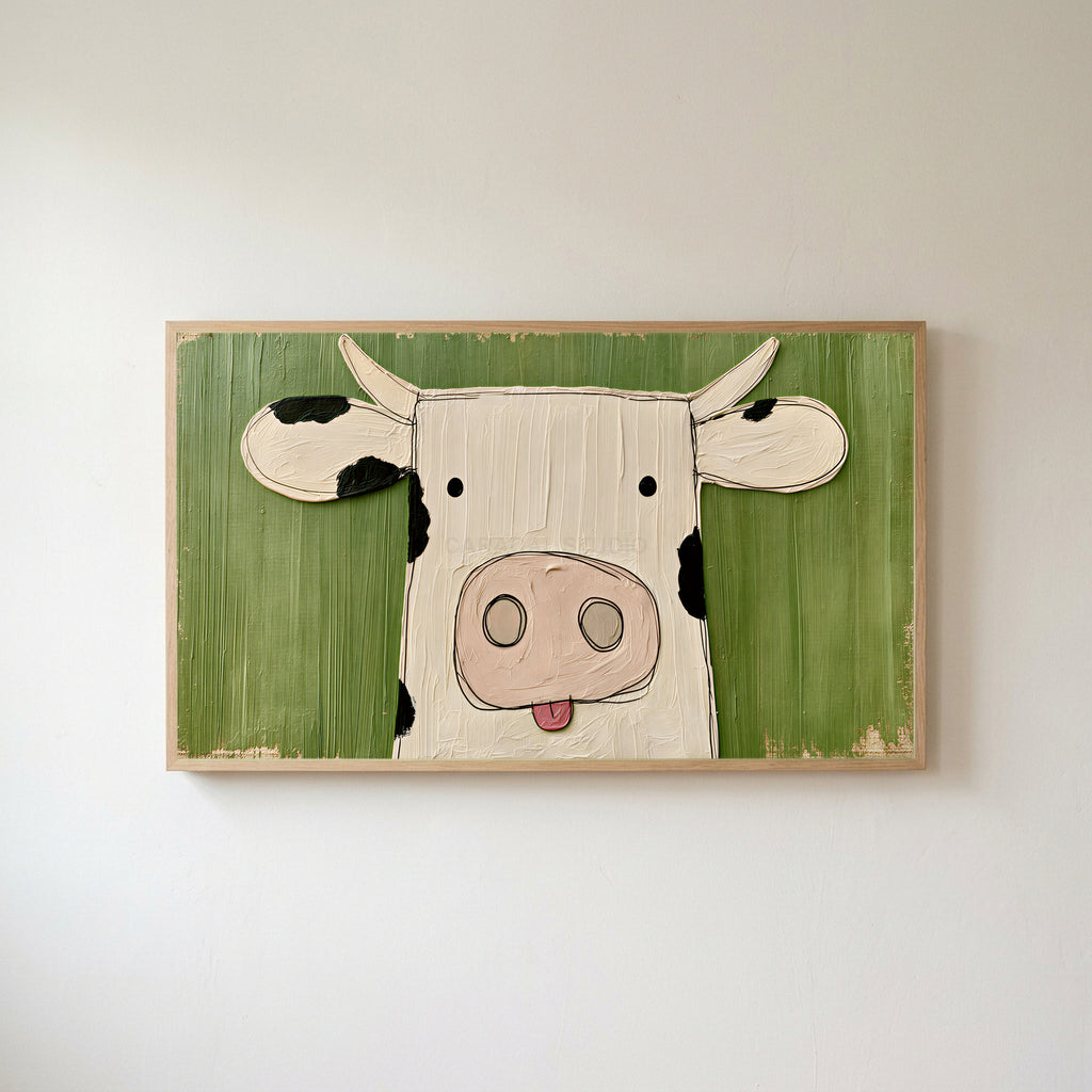 Funny cow Frame TV art in an oak frame on a warm white wall