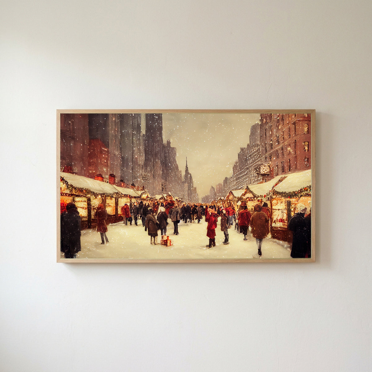 New York holiday market Frame TV art in an oak frame on a warm white wall