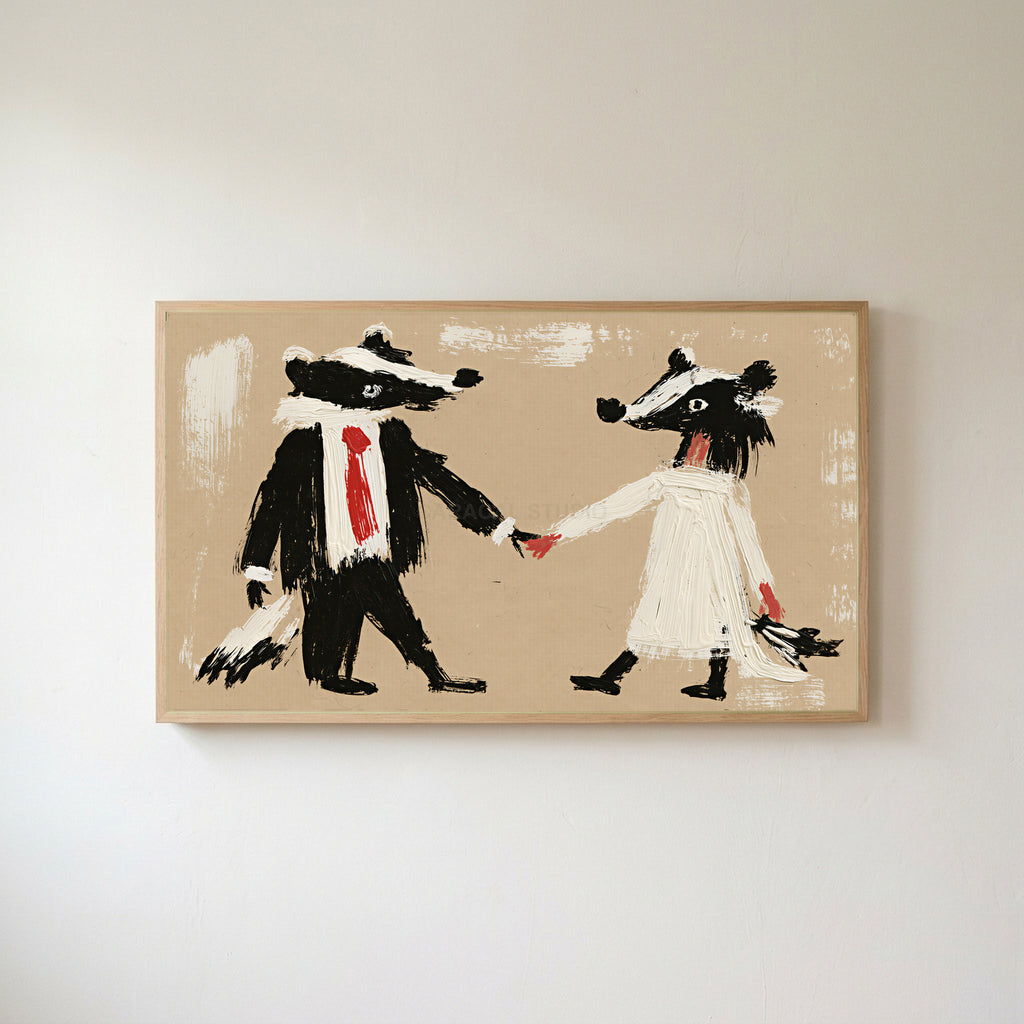 Badger bride and groom Frame TV art in an oak frame on a warm white wall