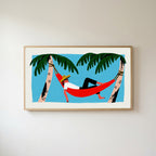 Hammock Frame TV art in an oak frame on a warm white wall