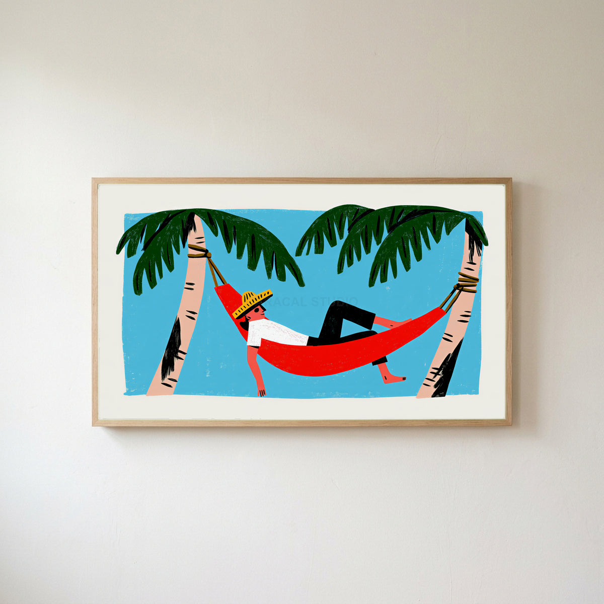 Hammock Frame TV art in an oak frame on a warm white wall