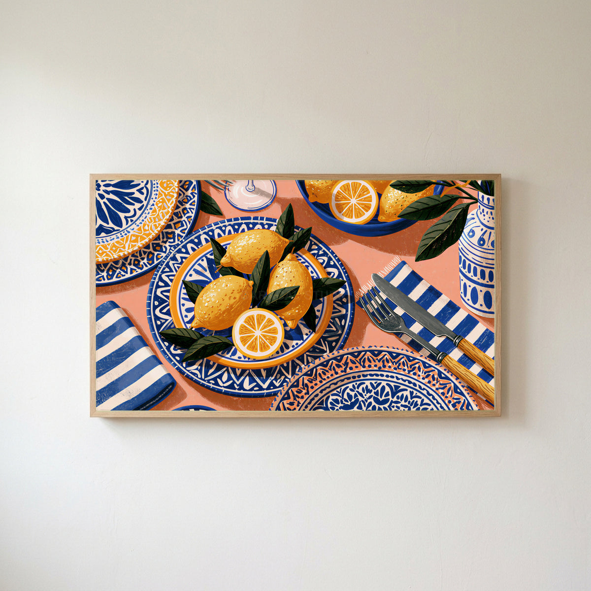 Mediterranean lemons Frame TV art in an oak frame on a warm white wall