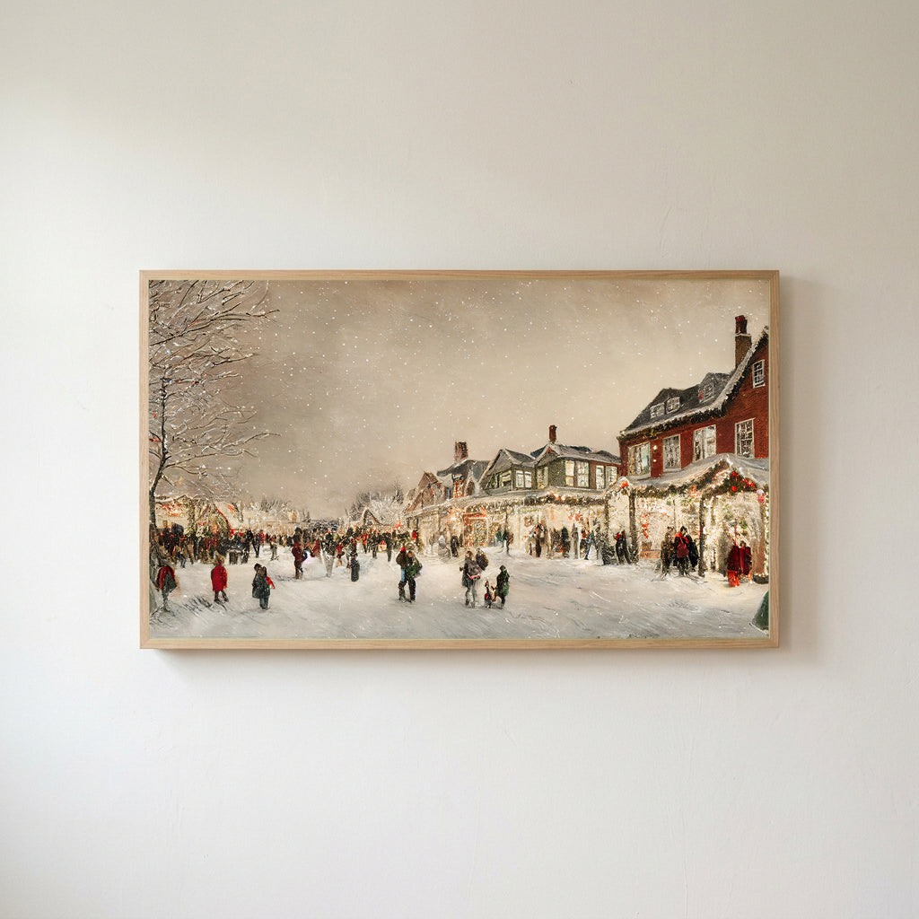 Christmas village street Frame TV art in an oak frame on a warm white wall