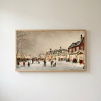 Christmas village street Frame TV art in an oak frame on a warm white wall