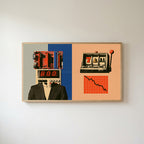 Calculator head collage Frame TV art in an oak frame on a warm white wall
