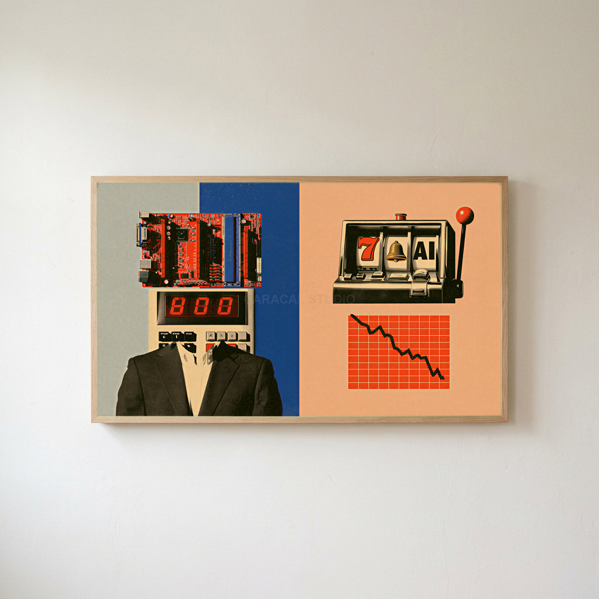Calculator head collage Frame TV art in an oak frame on a warm white wall