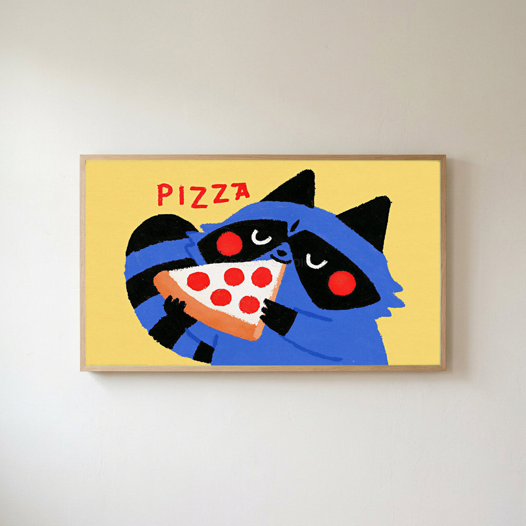 Raccoon pizza Frame TV art in an oak frame on a warm white wall