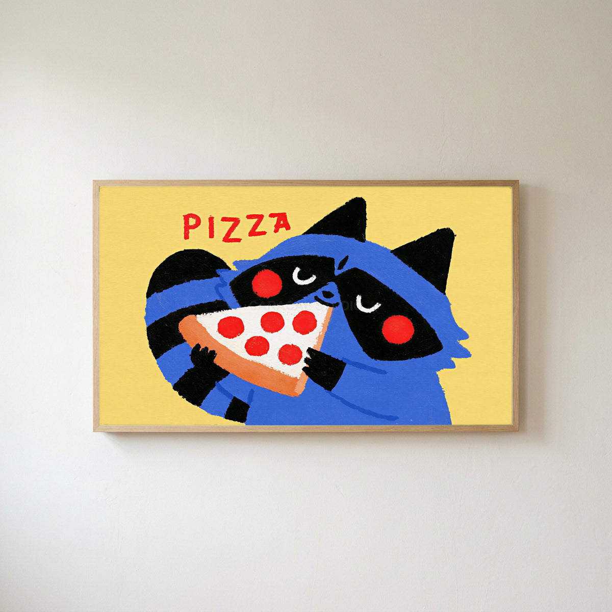 Raccoon pizza Frame TV art in an oak frame on a warm white wall
