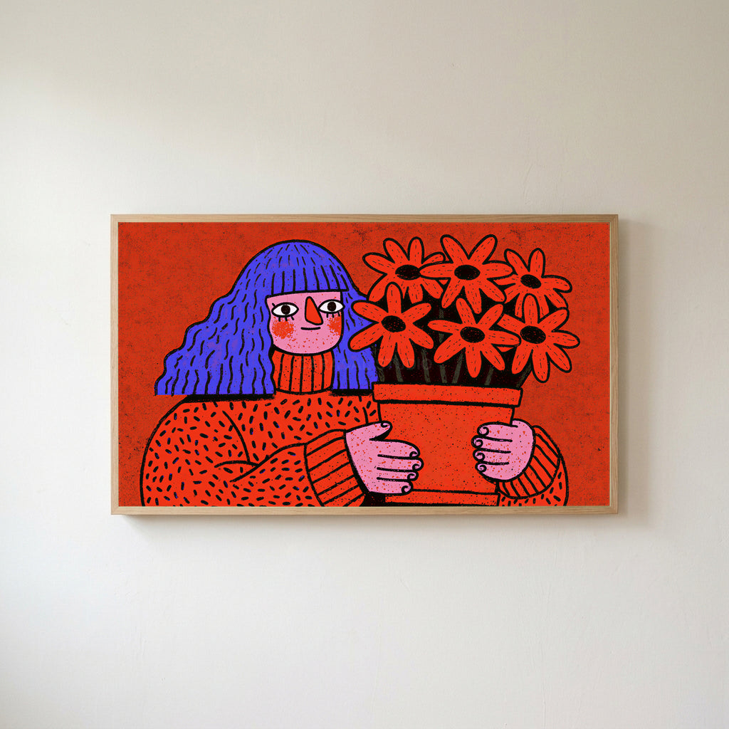 Blue hair portrait Frame TV art in an oak frame on a warm white wall