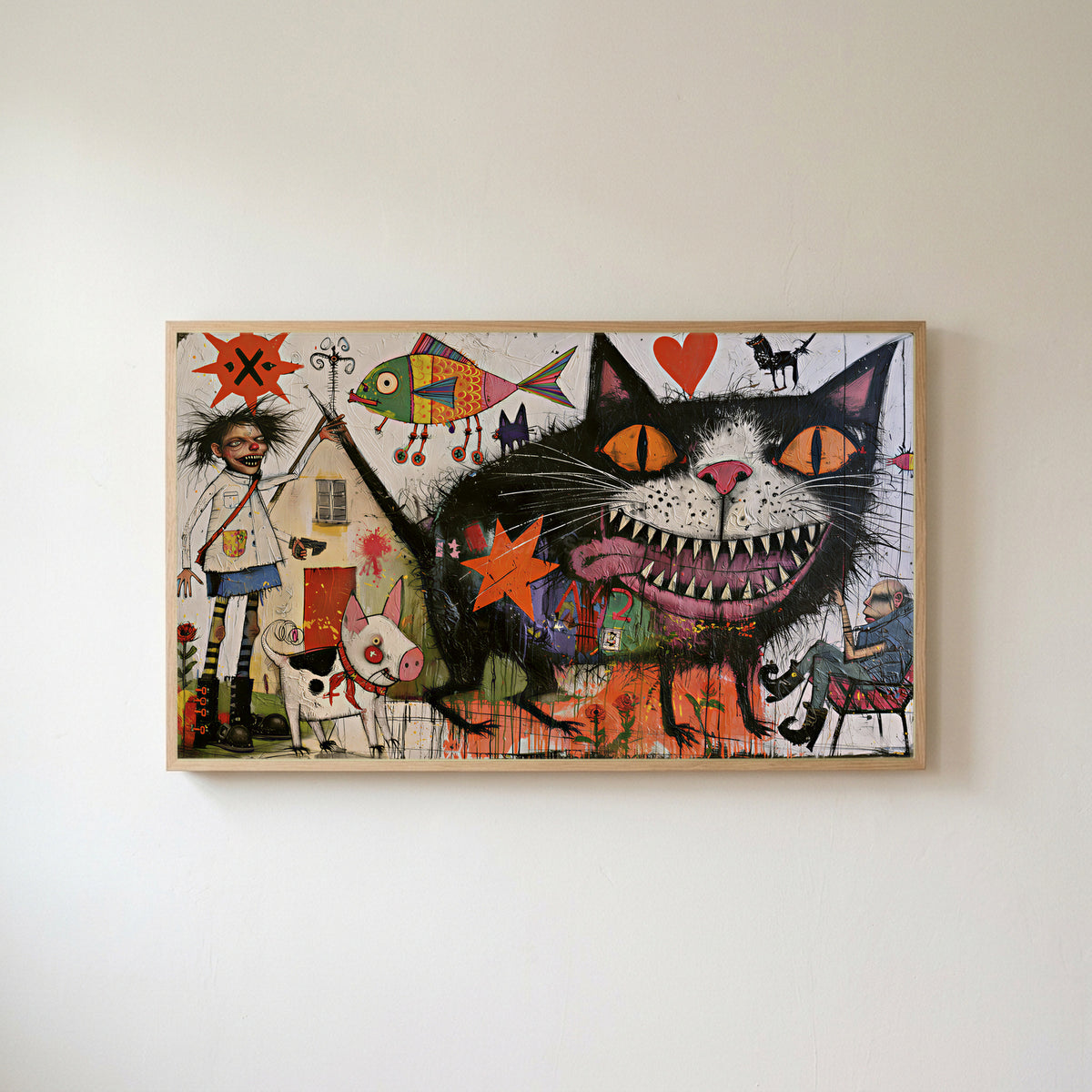Grinning black cat Frame TV art in an oak frame on a warm white wall