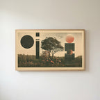 Tree and mushroom collage Frame TV art in an oak frame on a warm white wall