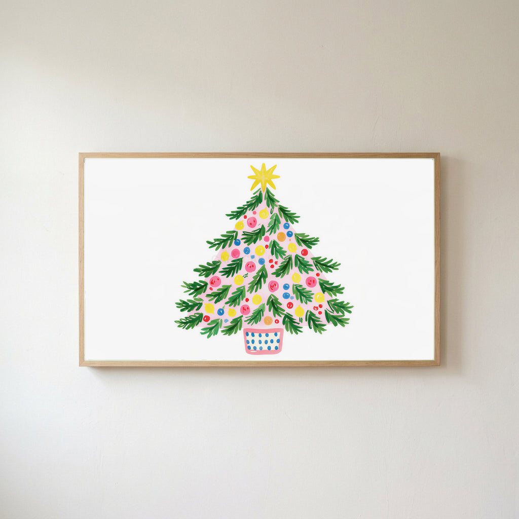 Colorful Christmas tree Frame TV art in an oak frame on a warm white wall