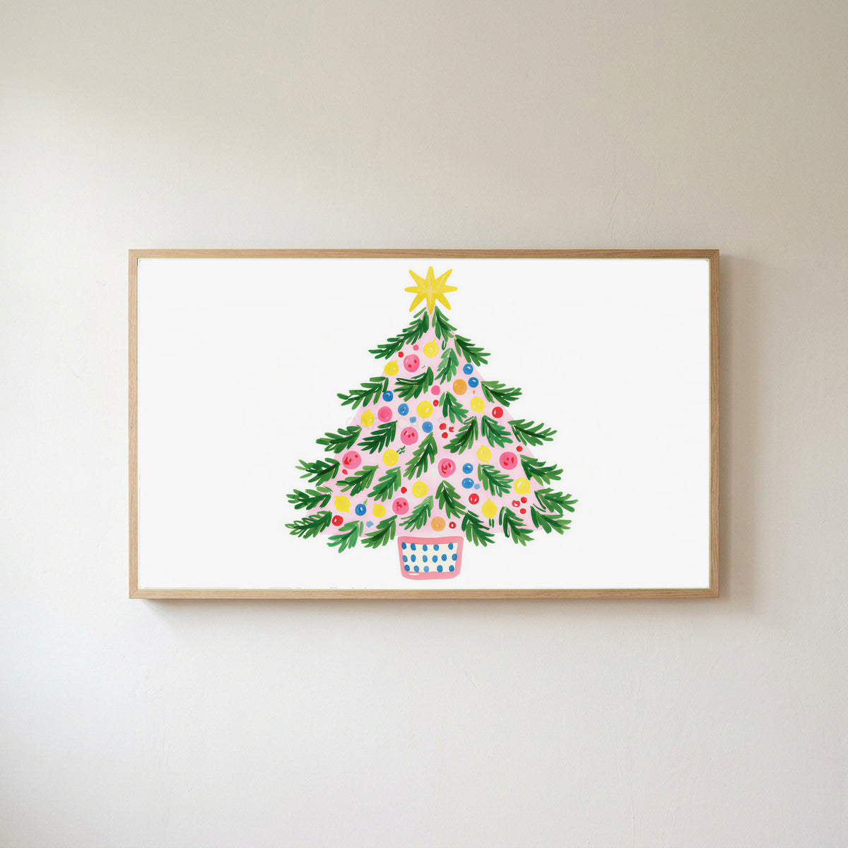 Colorful Christmas tree Frame TV art in an oak frame on a warm white wall