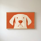 Minimalist dog Frame TV art in an oak frame on a warm white wall