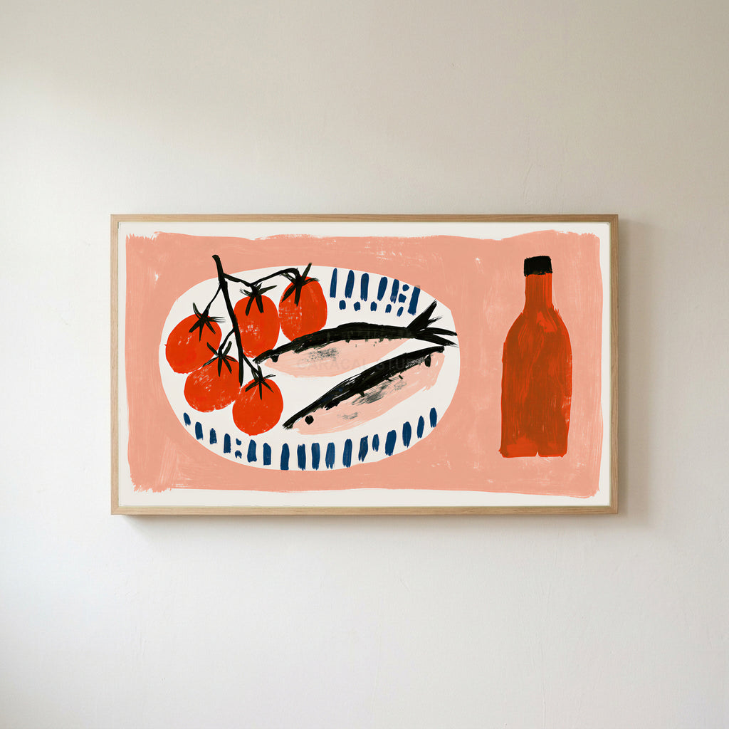 Sardines and tomatoes Frame TV art in an oak frame on a warm white wall
