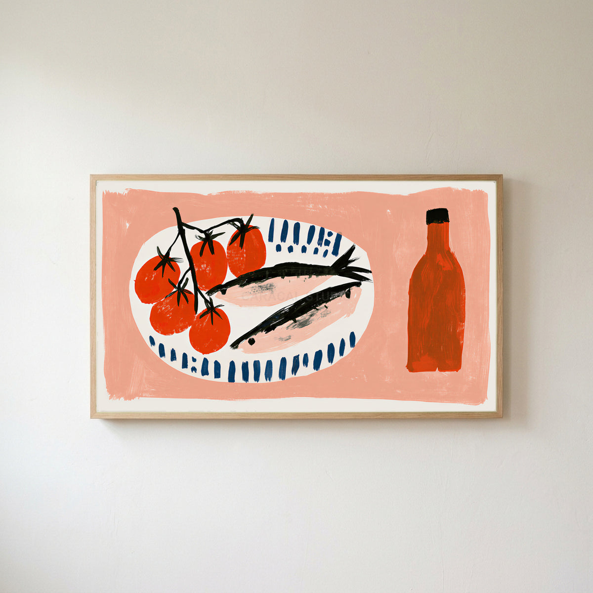 Sardines and tomatoes Frame TV art in an oak frame on a warm white wall