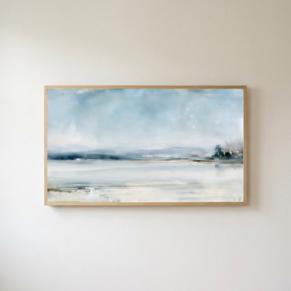 Snowy landscape Frame TV art in an oak frame on a warm white wall