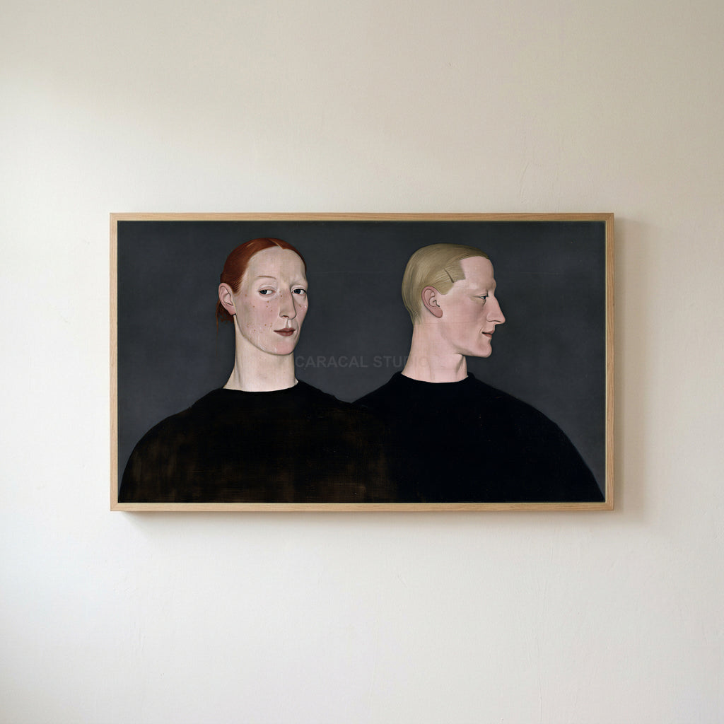 Two women portrait Frame TV art in an oak frame on a warm white wall
