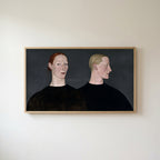Two women portrait Frame TV art in an oak frame on a warm white wall
