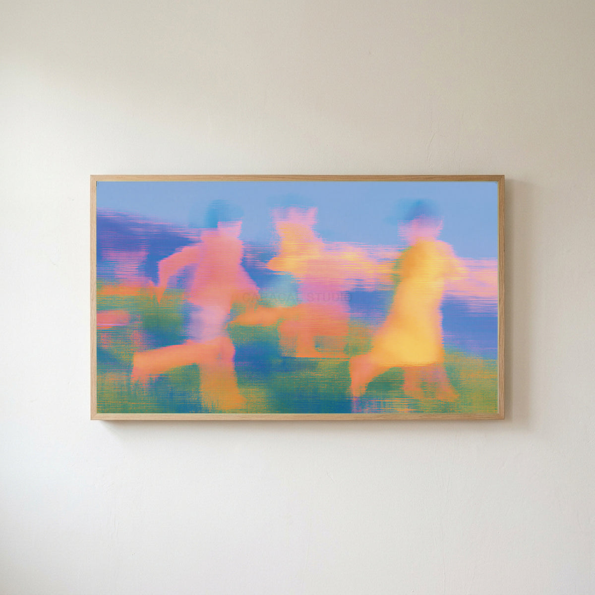 Blurred meadow runners Frame TV art in an oak frame on a warm white wall